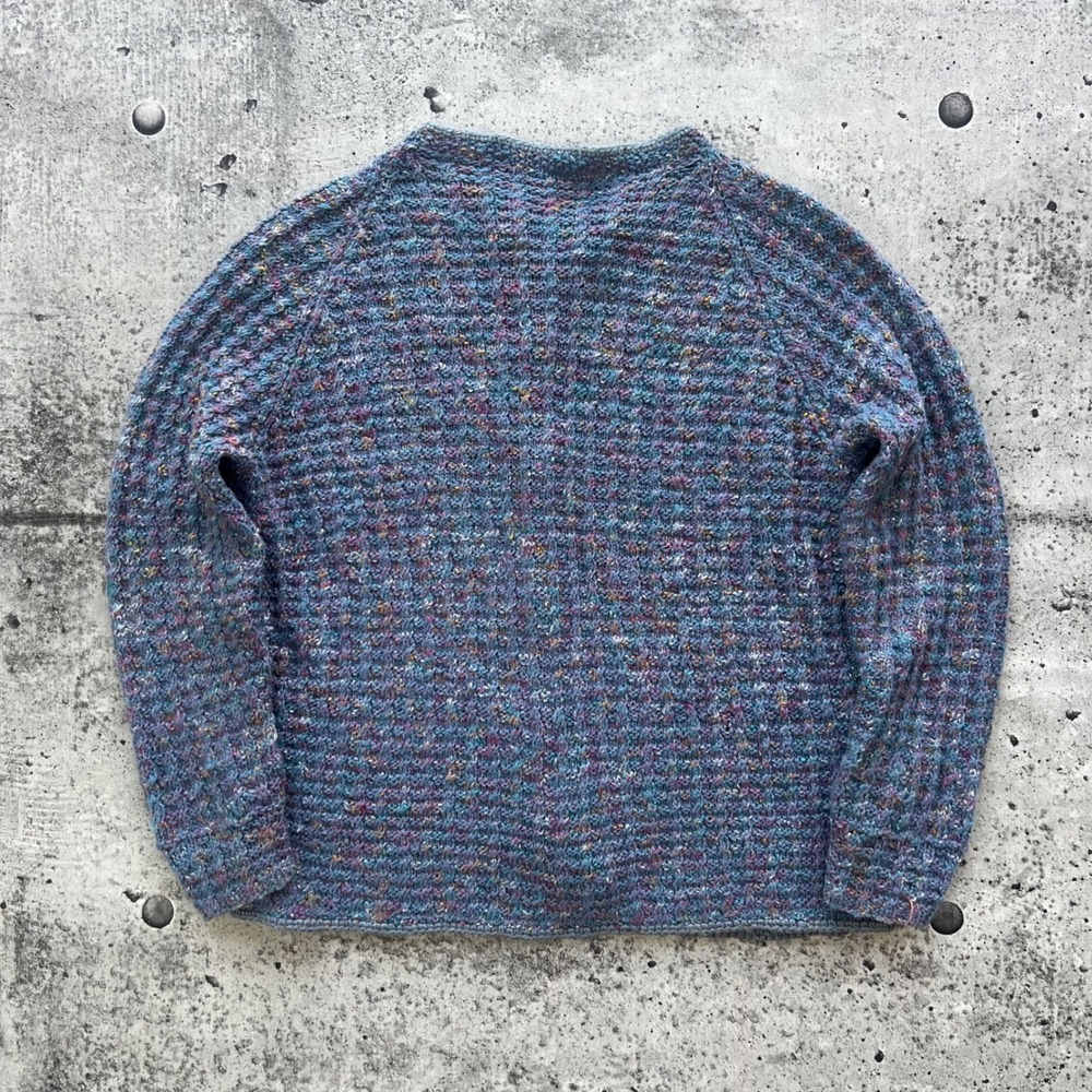 Vintage Sweater Womens Medium Blue Confetti Waffle Handknit Cardigan Grannycore - Picture 3 of 8